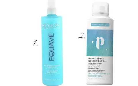 Zwei Haarpflegeprodukte: Revlon Equave Instant Detangling Conditioner und Puffin Beauty Hydro Spray Conditioner, ein 2-Phasen-Spray.