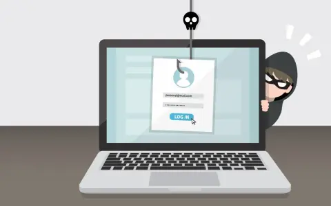 Ein Hacker lauert hinter einem Laptop, der eine gefälschte Login-Seite anzeigt. Ein Fischhaken mit Totenkopf symbolisiert, wie funktioniert phishing.
