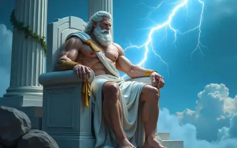 Zeus, König der Götter, thront mit mächtigem Bart und Blitz im Himmel. Ein Bild aus der Zeus Mythologie.