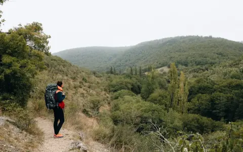 Randonneuse avec sac à dos sur un chemin d'amadou, contemplant une vallée verdoyante. La carte du chemin d'amadou est dans sa poche.