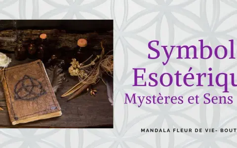 Livre ancien avec symbole de l'âme, bougies et herbes. Titre : Symboles Ésotériques : Mystères et Sens Cachés.