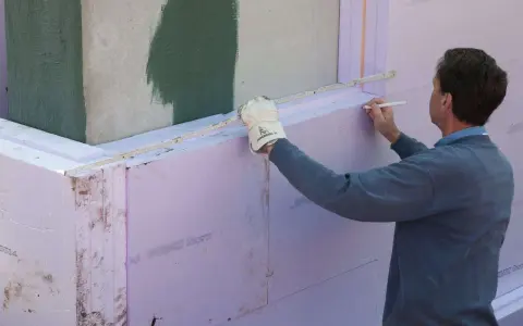 Mann markiert Styropor für Dämmung. Wichtig für Brandschutz und Wärmeschutz am Bau.