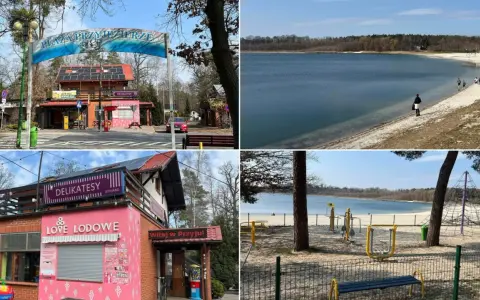 Przyjezierze jezioro z piaszczystą plażą, placem zabaw i sklepikami. W oddali widać las.