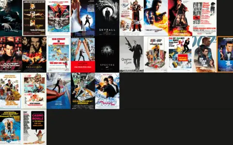 En lista över filmer med James Bond, sorterade efter kvalitet. Från "Great" till "Unwatchable", med filmaffischer som visar olika Bond-skådespelare och äventyr.