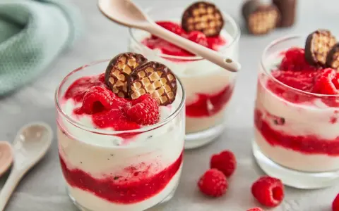 Schokokuss Dessert mit Mascarpone, Himbeeren und Schokowaffel-Keksen in Gläsern, garniert mit frischen Himbeeren.