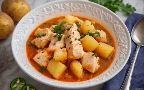 Un reconfortante plato de patatas con bacalao, con trozos de pescado blanco tierno y patatas cocidas en una sabrosa salsa roja, adornado con perejil fresco.