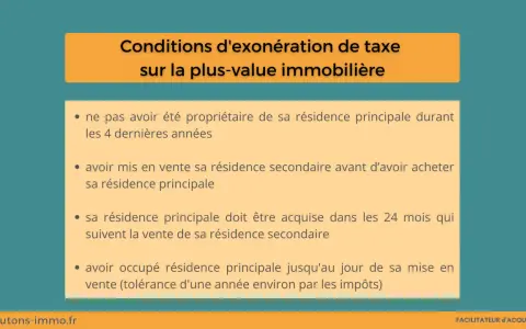 Conditions d'exonération de taxe sur la plus-value immobilière : ne pas avoir été propriétaire de sa résidence principale durant les 4 dernières années.