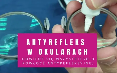 Uszkodzony antyrefleks w okularach. Kropelka płynu na soczewce, która powinna chronić przed odblaskami.