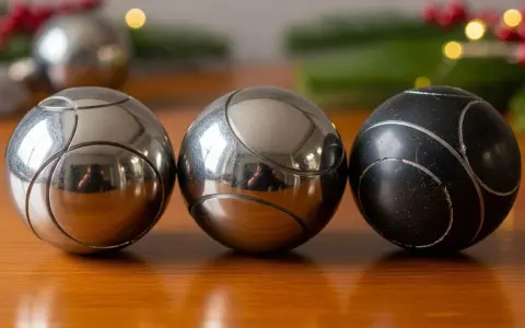 Trois boules de pétanque, deux argentées et une noire, sur une table en bois. Parfait pour un règlement pétanque simplifié.