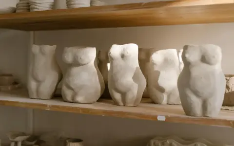 Plusieurs torses féminins en argile, une idée sculpture argile facile pour débutants, alignés sur une étagère.