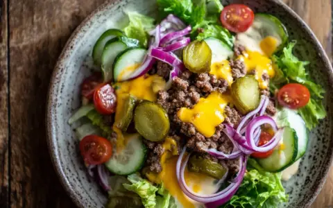 Leckerer Cheeseburger Salat mit Hackfleisch, Käse, Gurken, Tomaten und Zwiebeln auf knackigem Salatbett.