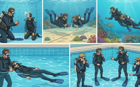 Un sommozzatore, con la sua attrezzatura, impara e pratica immersioni in piscina e in mare, esplorando fondali marini e imparando tecniche di sicurezza.