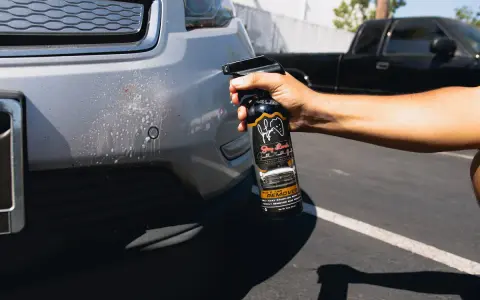 A hand sprays bug remover onto a car bumper, tackling stubborn bugs from a road trip.