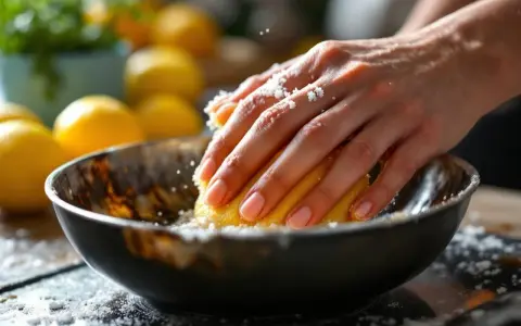 Mains frottant un citron sur un bol en cuivre pour désoxyder le cuivre. Des grains blancs tombent.