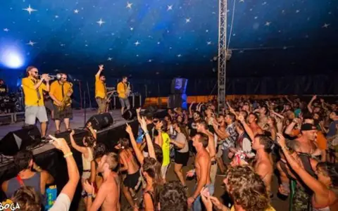 Una banda toca en un escenario ante una multitud animada bajo un techo estrellado.