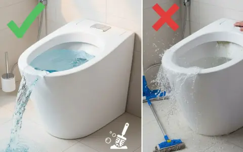 WC sans bride : le bon usage pour un nettoyage efficace et sans débordement. Le mauvais usage cause des éclaboussures.