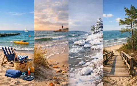 Cztery pory roku na zachodnim wybrzeżu Bałtyku: od letniego relaksu na plaży po zimowe krajobrazy z lodem i śniegiem.