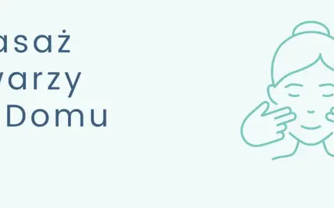 Ilustracja przedstawia tekst "Masaż Twarzy W Domu" i schematyczną twarz z dłońmi wykonującymi delikatny masaż.