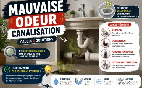 Image illustrant les causes et solutions des mauvaises odeurs de canalisation, avec des conseils pour y remédier.