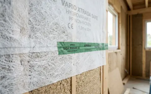 Gros plan sur une membrane hygrovariable Vario Xtrasa Safe, fixée sur une structure en bois. Un ruban vert Airseal Siga Rissan 60 est appliqué.