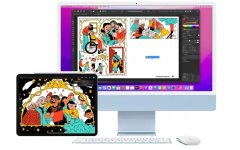 Komputer i tablet z ilustracjami, tworzące idealny zestaw do pracy twórczej. Ten **universal control** pozwala na płynne przenoszenie projektów między urządzeniami.