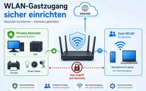 So lässt sich der WLAN-Gastzugang sicher einrichten: Gäste surfen im Internet, Ihr Heimnetz bleibt geschützt.