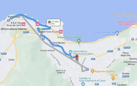 Trasa z Punta Raisi do Carini na Sycylii, pokazująca odległość i czas podróży. W pobliżu znajdują się sycylia lotniska i atrakcje.