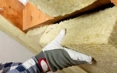 Ręka w rękawicy dociska wełnę mineralną do drewnianej konstrukcji dachu. To świetny materiał izolacyjny.