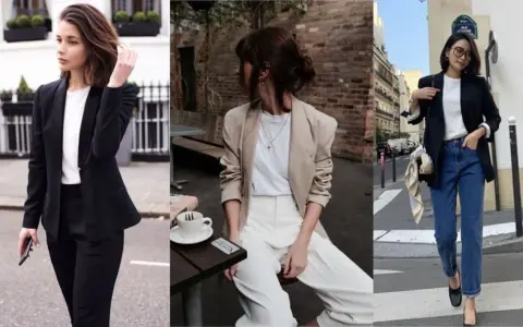 Eleganckie stylizacje z marynarką i prostą koszulką pod spodem. Idealne do pracy i na co dzień.