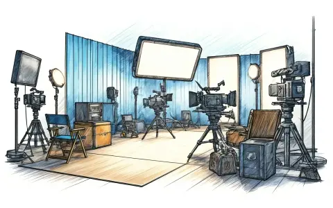 Studio di registrazione con telecamere, luci e attrezzature. Un set pronto per girare, con tutti i termini cinematografici in inglese a portata di mano.