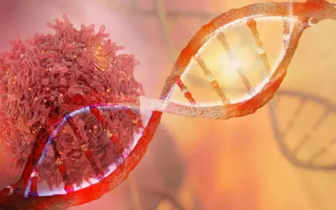 Cellula tumorale e DNA, simboli della lotta contro il cancro con l'immunoterapia oncologica.