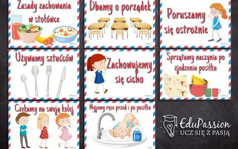 Zasady zachowania w stołówce, dbanie o porządek, poruszanie się ostrożnie, używanie sztućców, zachowanie ciszy, sprzątanie naczyń, czekanie na swoją kolej i mycie rąk to ważne zasady, które uczą starszeństwo kart.
