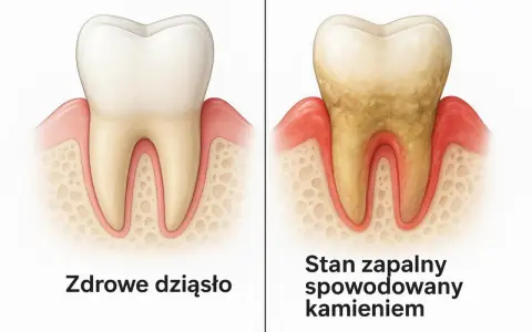 Porównanie zdrowego zęba z zębem zaatakowanym przez kamień nazębny, który powoduje stan zapalny. Co rozpuszcza kamień nazębny?