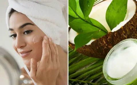 Mujer aplicándose crema en la cara, con un coco y un tarro de aceite de coco para la cara al lado.