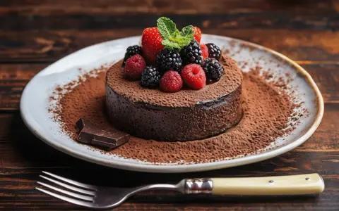 Delicioso soufflé de chocolate cubierto con frutos rojos y menta, espolvoreado con cacao. ¡Un postre irresistible!