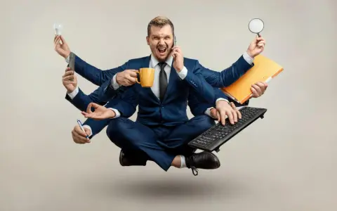 Biznesmen z wieloma rękami, przytłoczony nadmierną kontrolą w pracy, trzyma kubek kawy, telefon, żarówkę, lupę, klawiaturę i długopis.