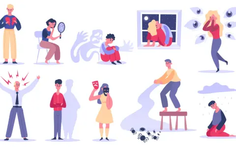 Ilustracje przedstawiające różne stany emocjonalne i lęki, takie jak złamane serce, strach, samotność i fobie.