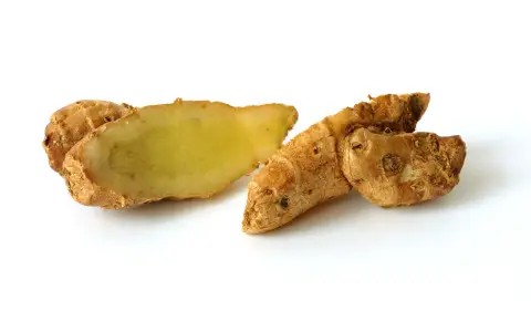 Racine de galanga coupée, révélant sa chair jaune pâle. Un ingrédient aux multiples galanga bienfaits pour la santé et la cuisine.