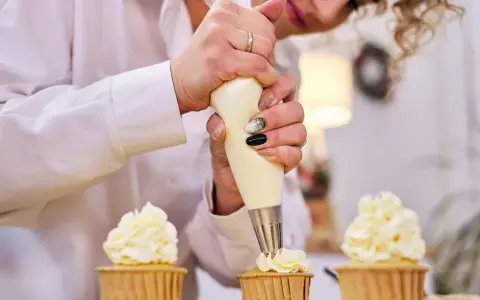 Une pâtissière décore des cupcakes avec une chantilly mascarpone aérienne.
