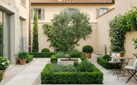 Giardino piccolo moderno con ulivo centrale, siepi squadrate, fontana e tavolino. Idee per un angolo verde raffinato.