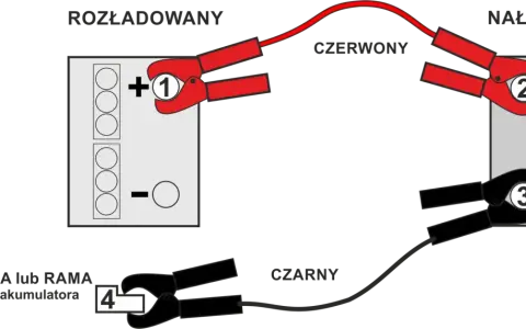 Schemat pokazuje, jak podłączyć akumulator: czerwony kabel do plusa rozładowanego, potem do plusa naładowanego. Czarny kabel do minusa naładowanego, a potem do masy pojazdu.