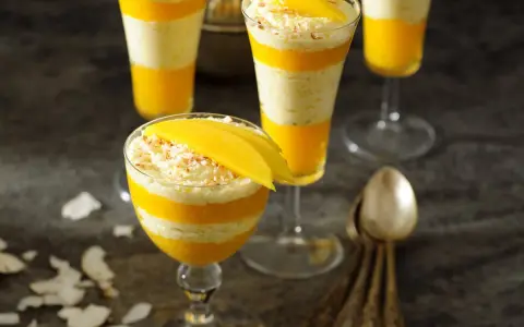 Warstwowy deser z mango, przełożony kremem kokosowym, ozdobiony plasterkiem mango i wiórkami kokosowymi.