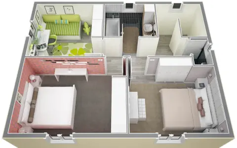 Plan d'un appartement 40m2 1 chambre : salon, bureau, salle de bain, deux chambres.