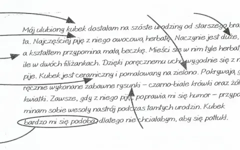 Opis przedmiotu klasa 4 karta pracy: ulubiony zielony kubek w kształcie beczki z rysunkami krówek i kwiatków.