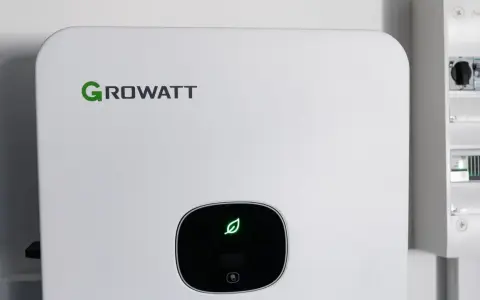 Vit Growatt-enhet med grön löv-symbol, del av ett modernt batterisystem för energilagring.