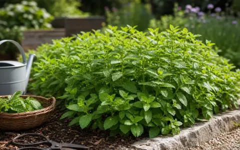 Un beau plant de menthe prospère dans un jardin, prêt à être cueilli pour des infusions rafraîchissantes. Une brouette et des ciseaux sont à proximité.