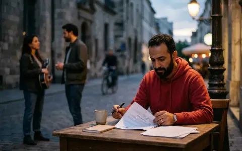 Un homme signe un contrat de distribution musique à une table en extérieur. Au loin, un couple discute, l'un tenant une guitare.
