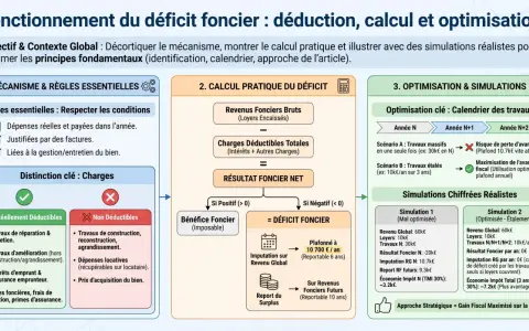 Schéma expliquant le calcul du déficit foncier, les charges déductibles et l'optimisation fiscale des travaux immobiliers.