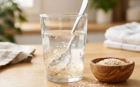 Un verre d'eau avec du psyllium, une aide naturelle contre la constipation. Une cuillère remue les graines dans l'eau.