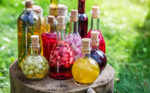 Fruchtige Liköre in Flaschen, bereit zum schnaps selber machen. Mit Beeren, Kräutern und Früchten gefüllt.
